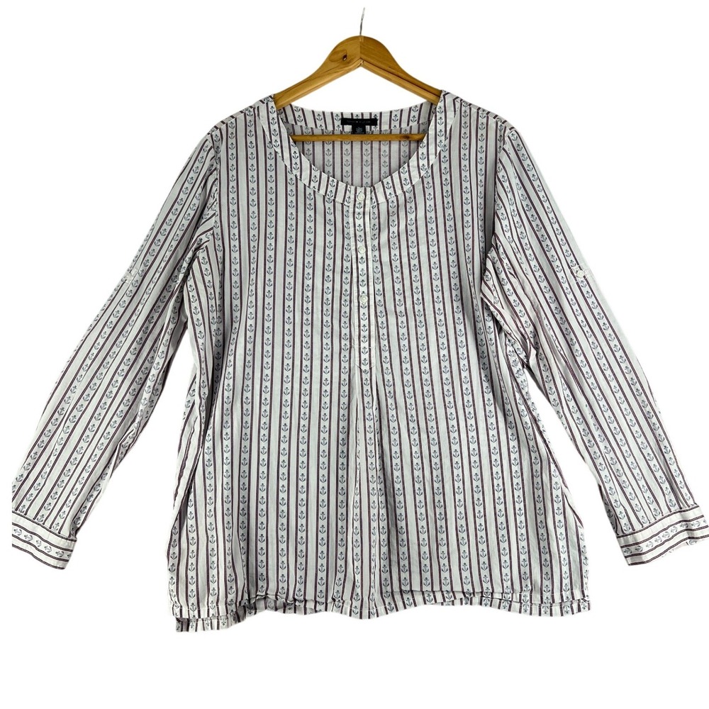 Tommy Hilfiger Womens Nautical XL Anchor Stripe Henley Tunic Blouse Preppy